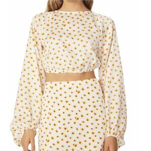 WeWoreWhat Billow Long Sleeve Open Back Crop Top Large Yellow & Ivory Floral